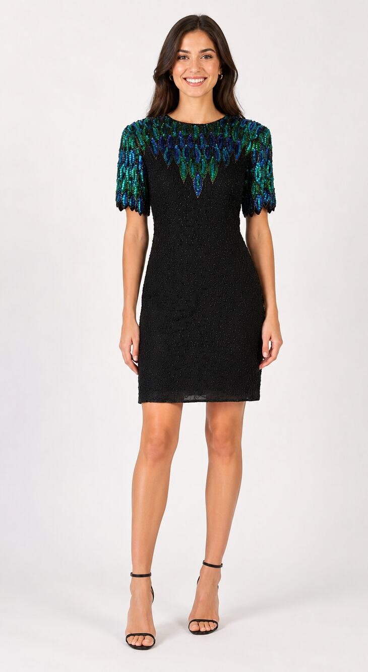 Vintage Allyson Whitmore Silk Sequin Cocktail Dress Womens Small Black Peacock